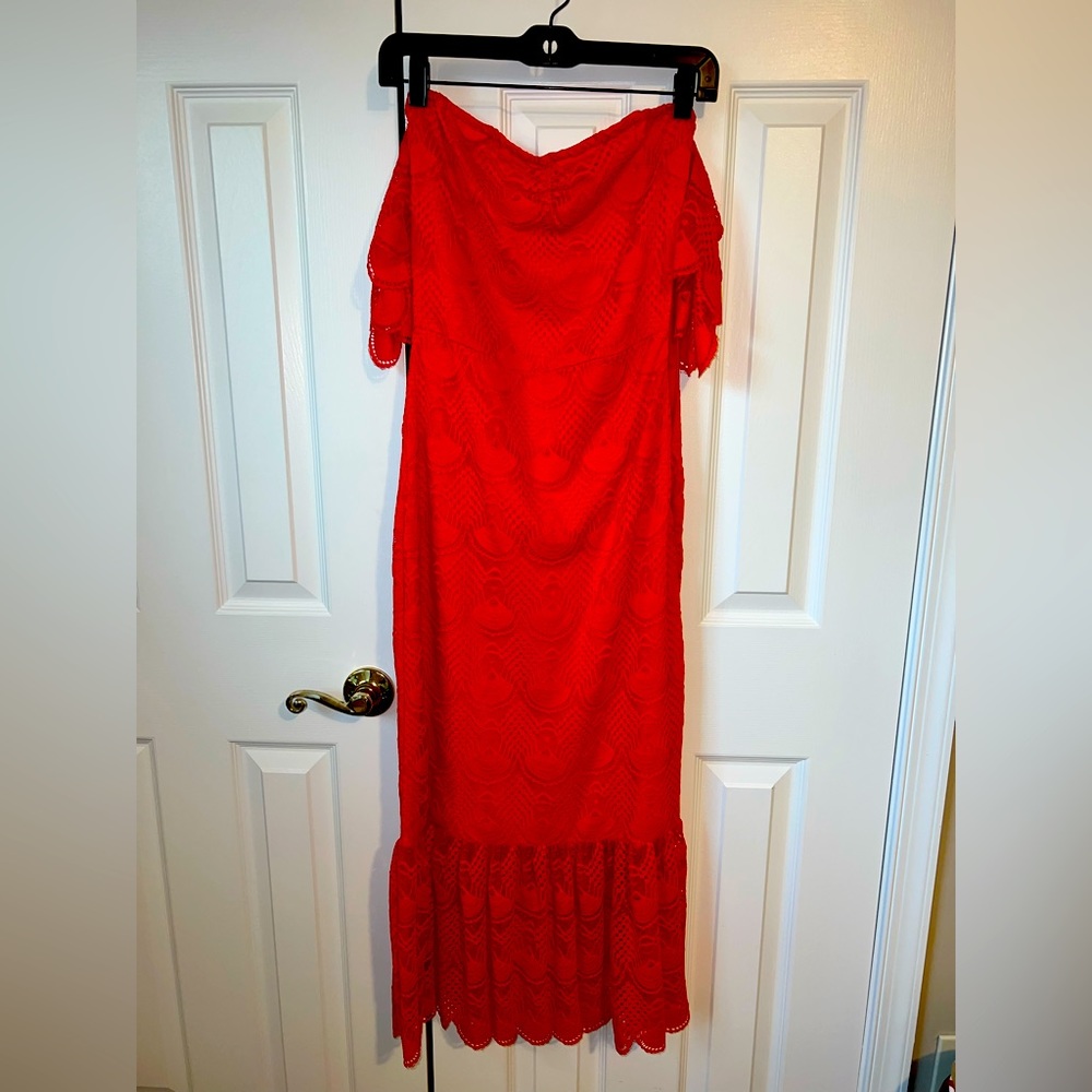 Aqua lace red off the shoulder ruffle dress size S